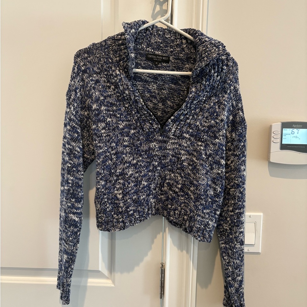 Central Park west black and blue half zip collared cotton blend sweater cropped